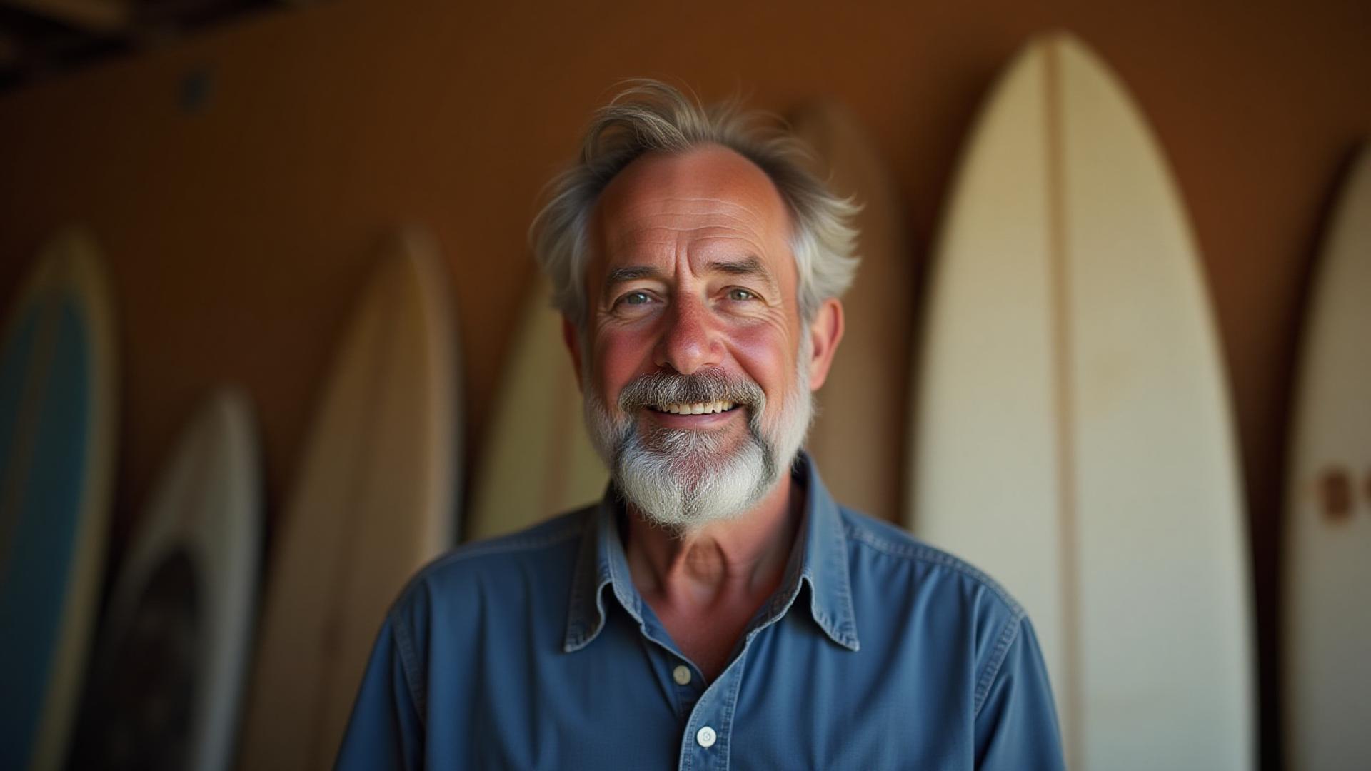 Lawrence B Primak, master surfboard shaper, standing proudly in his shaping bay