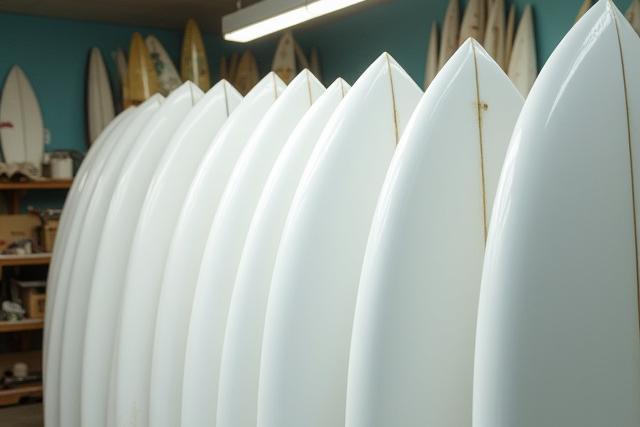 Surfboard blanks stacked in racks, awaiting custom shaping in Lawrence B Primak's shaper studio.