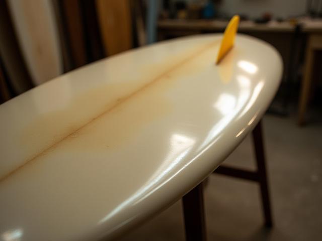 Single fin longboard with intricate glassing visible, on shaping stands.