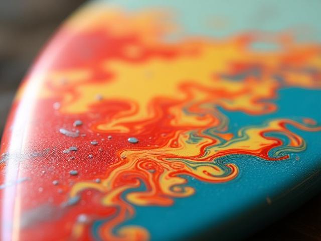 Detail shot of custom resin art with vibrant colors on a surfboard tail.