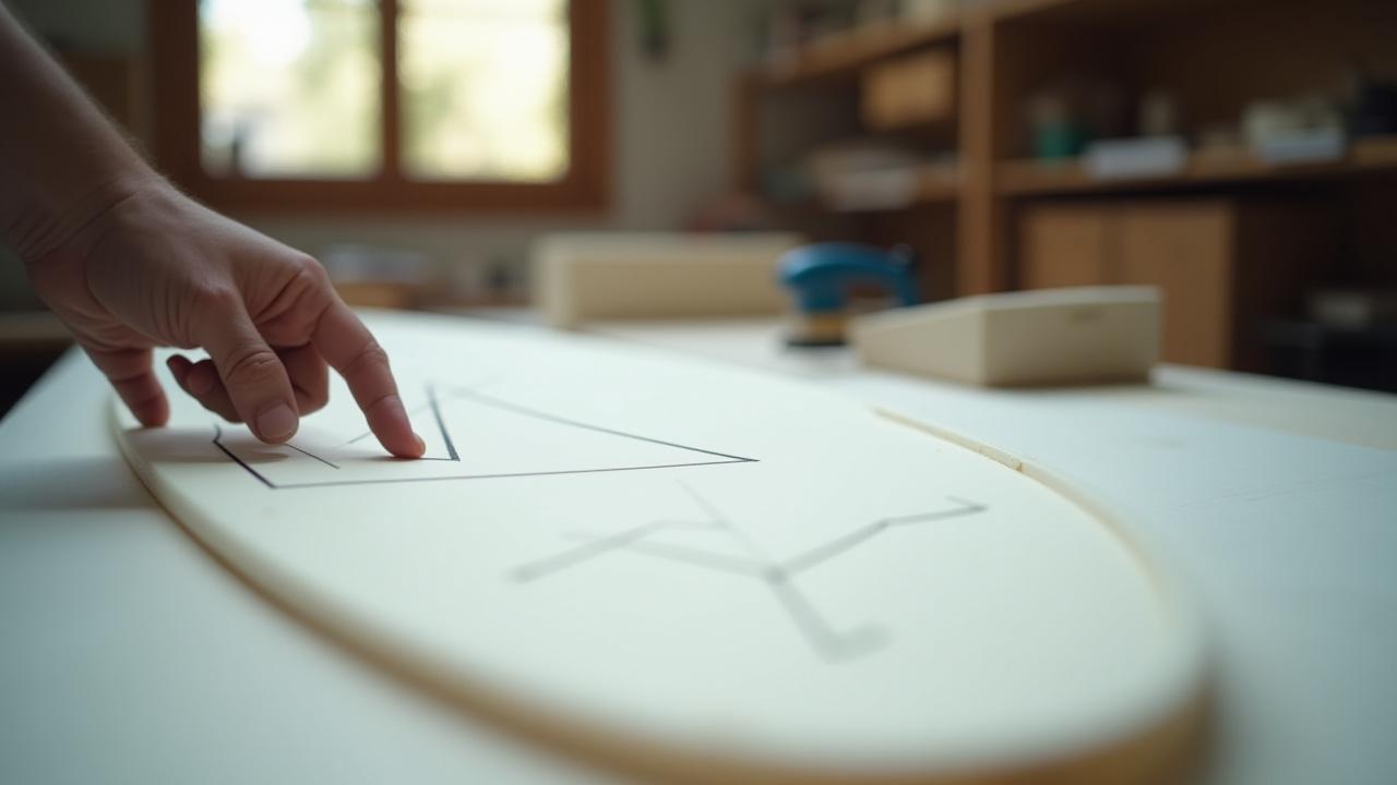 Drafting tools and templates laying on a raw surfboard foam blank, symbolizing custom design.