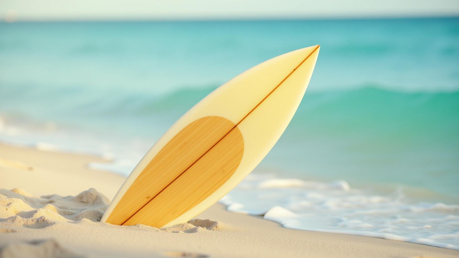 A beautifully finished surfboard with a visible bamboo deck, resting on a pristine South Florida beach at golden hour.