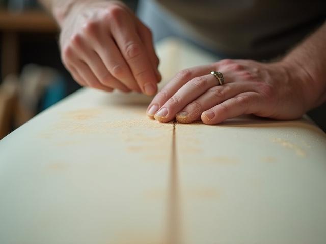 Close-up of a shaper's hand working on an epoxy blank
