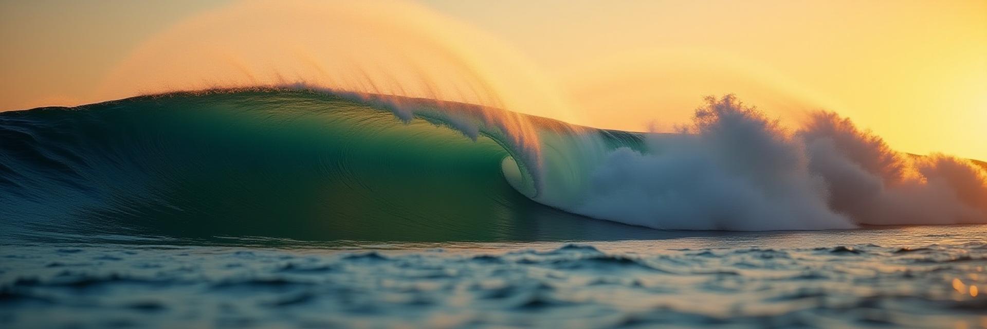 Perfect, empty barreling wave cresting in golden hour light.