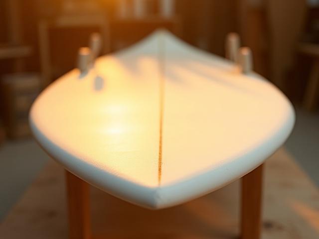 Freshly shaped surfboard blank gleaming in natural light, showing off its curves.