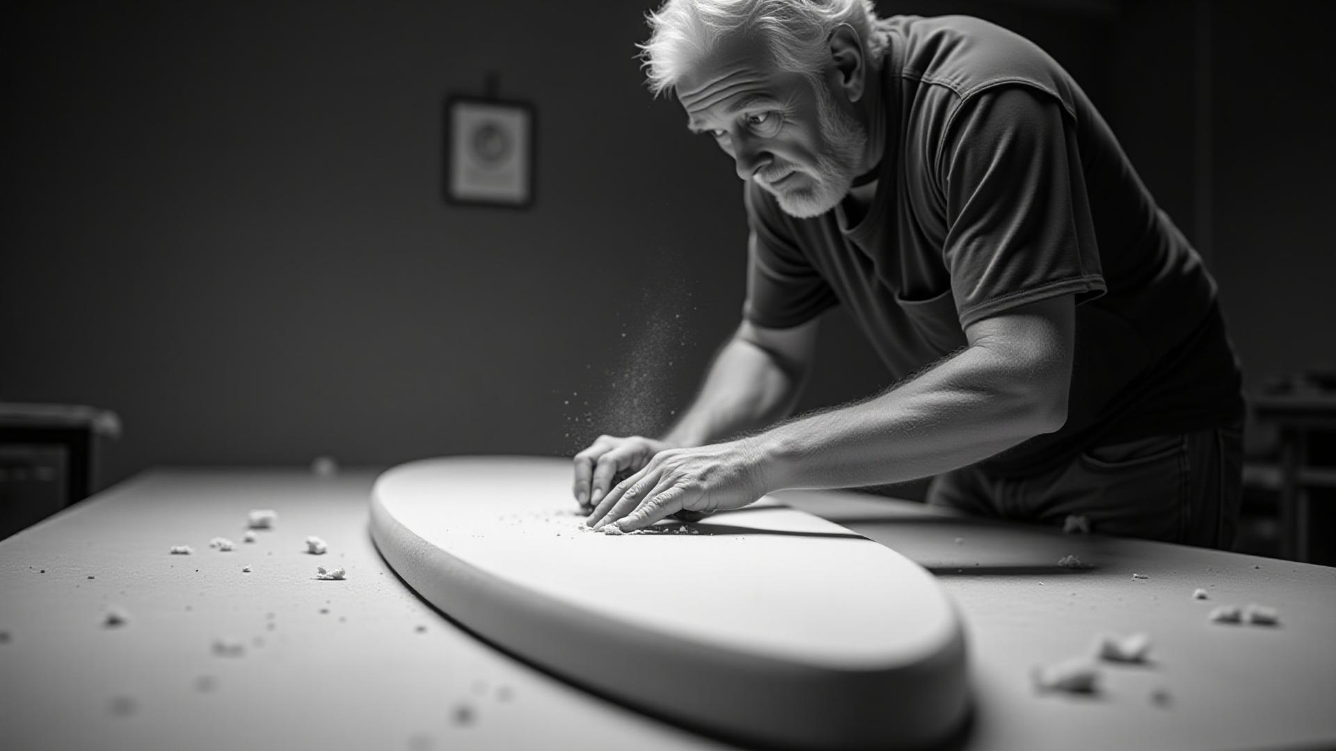 Lawrence B Primak hand shaping a surfboard, foam dust in the air, focused expression.