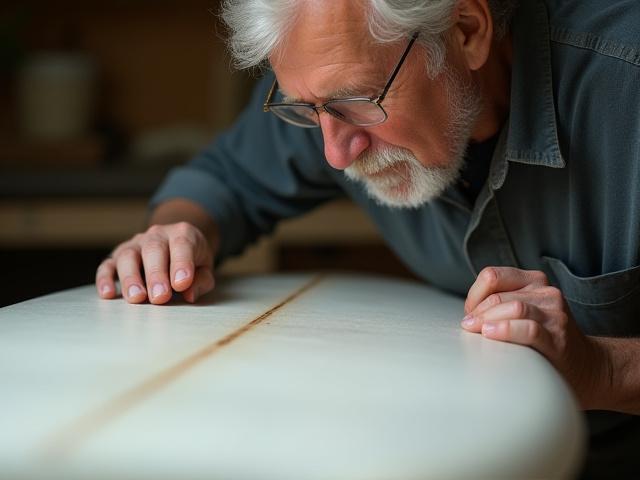Lawrence B Primak carefully measuring the rocker of a surfboard blank.