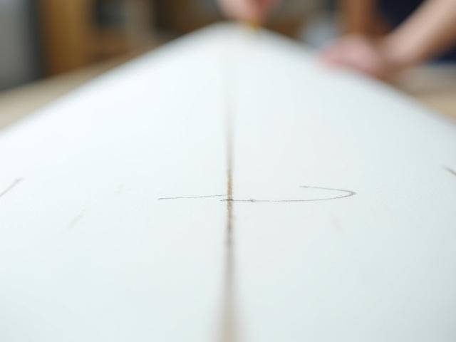 Close-up of pencil marks on a surfboard blank, guiding the shaping process.