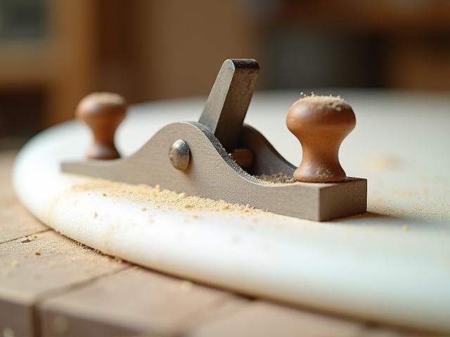 Close-up of a hand planer on a foam blank with foam dust.