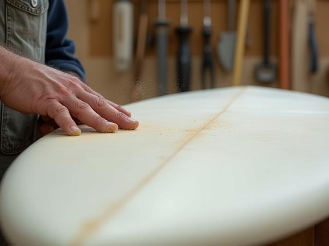 A shaper meticulously hand-sanding a surfboard in a brightly lit studio.