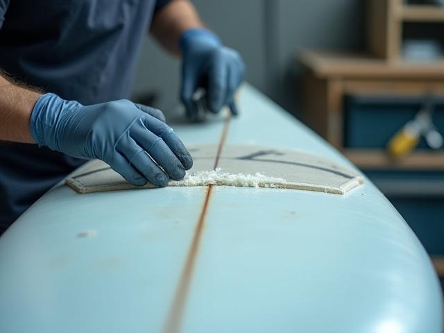 A surfboard being carefully repaired and glassed in a clean workshop, showing attention to detail.