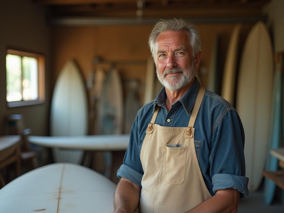 Lawrence Primak, a seasoned surfboard shaper, in his Tamarac studio, covered in foam dust, smiling confidently as he works on a board.