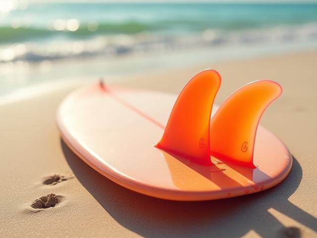 A vibrant resin-tinted twin fin fish surfboard.