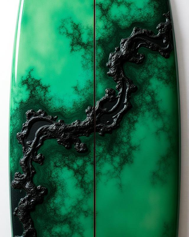 Abstract green and white resin art on a surfboard deck