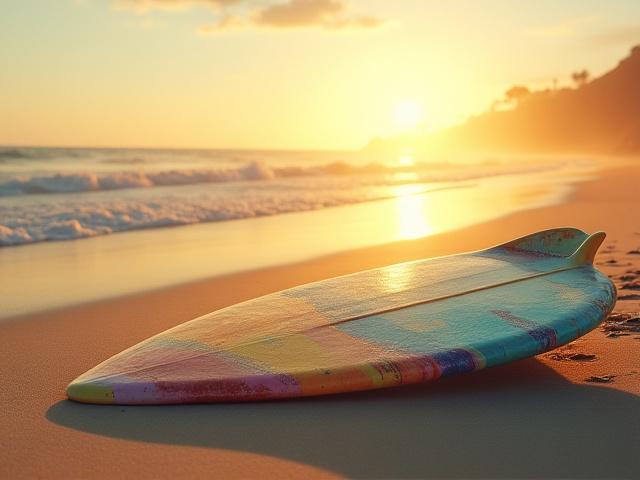 Retro-style surfboard with a vibrant multi-color spray paint design