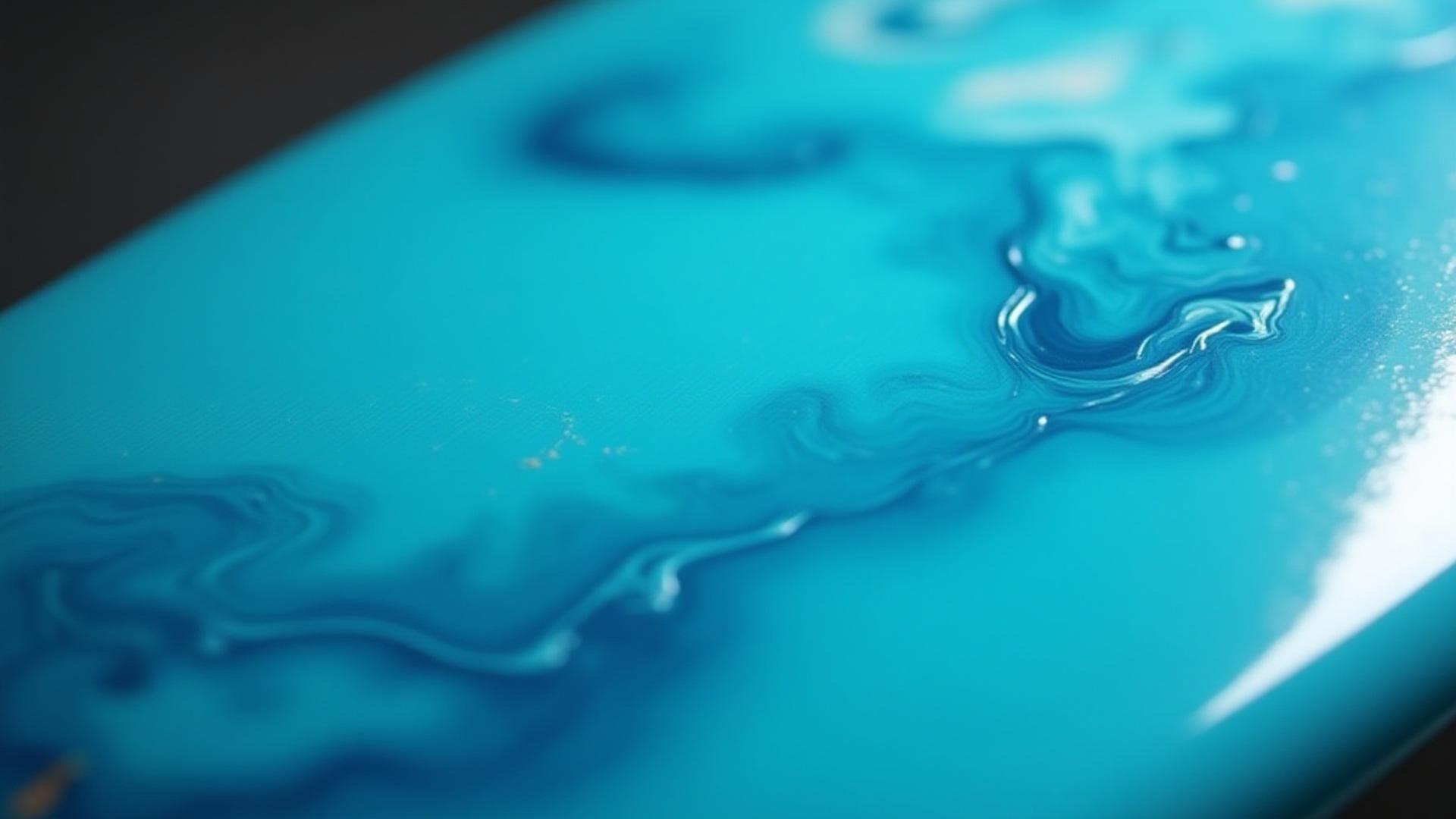 Close-up of a surfboard with mesmerizing blue and green resin swirls
