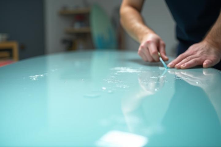 Close-up of a surfboard being professionally glassed, with resin being applied smoothly by skilled hands, reflecting light.